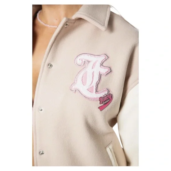 ❤️Juicy Couture‎ Beige White Varsity Jacket Pink Logo Preppy Y2K Sz M NWT